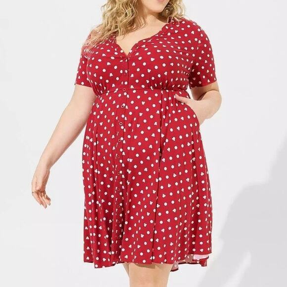 Torrid 2 (2X 18/20) Disney Minnie Mouse Red Polka Dot Challis V-Neck Shirt Dress - Picture 2 of 3